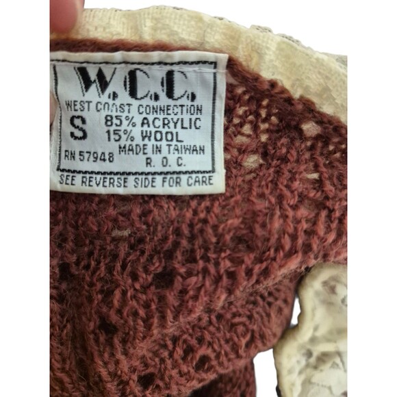 Vintage Boho 70s Sweater Open Knit Lace Collared Sweater Brown Sz XS - Picture 4 of 4